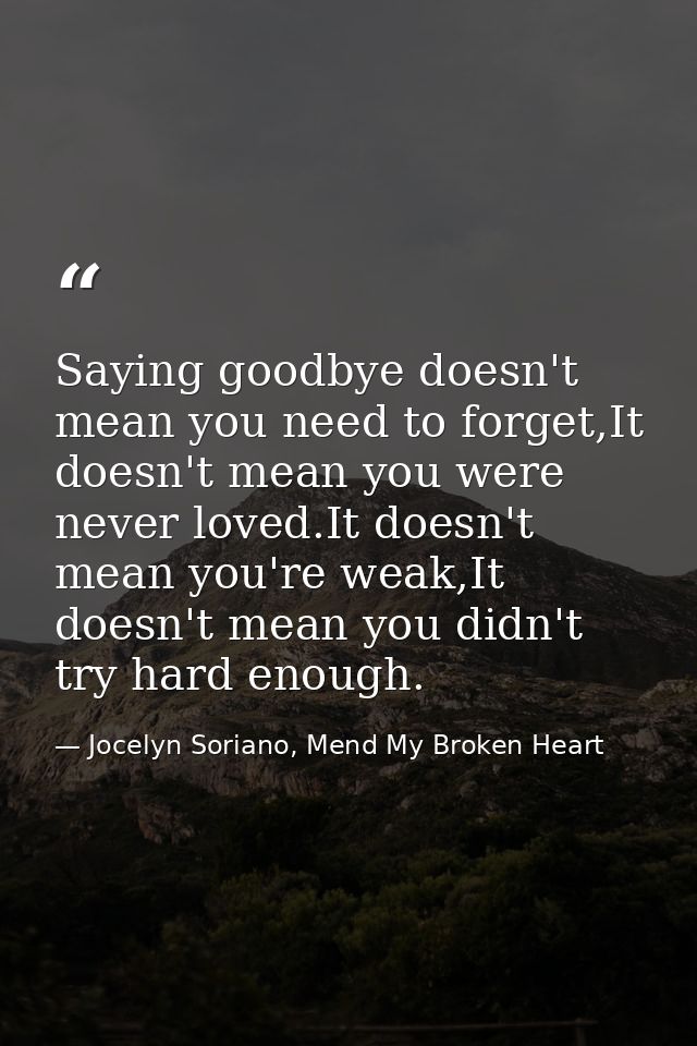 Saying goodbye doesn't mean you need to forget,It doesn't mean you were never loved.It doesn't mean you're weak,It doesn — Jocelyn Soriano, Mend My Broken Heart