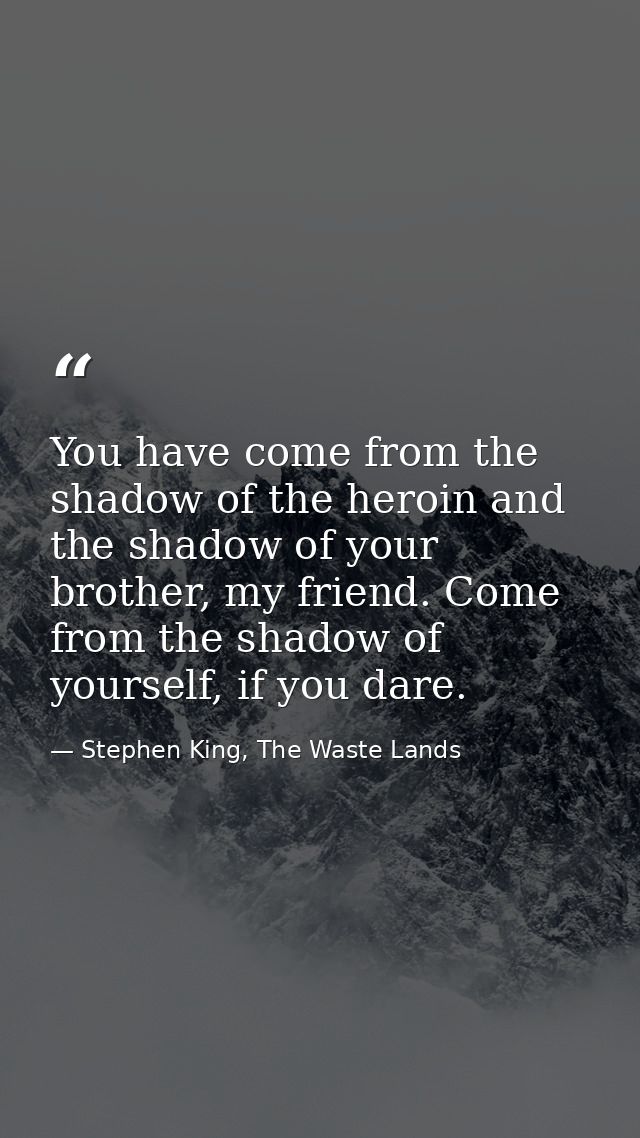 You have come from the shadow of the heroin and the shadow of your brother, my friend. Come from the shadow of yourself, — Stephen King, The Waste Lands