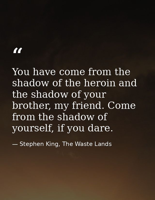 You have come from the shadow of the heroin and the shadow of your brother, my friend. Come from the shadow of yourself, — Stephen King, The Waste Lands