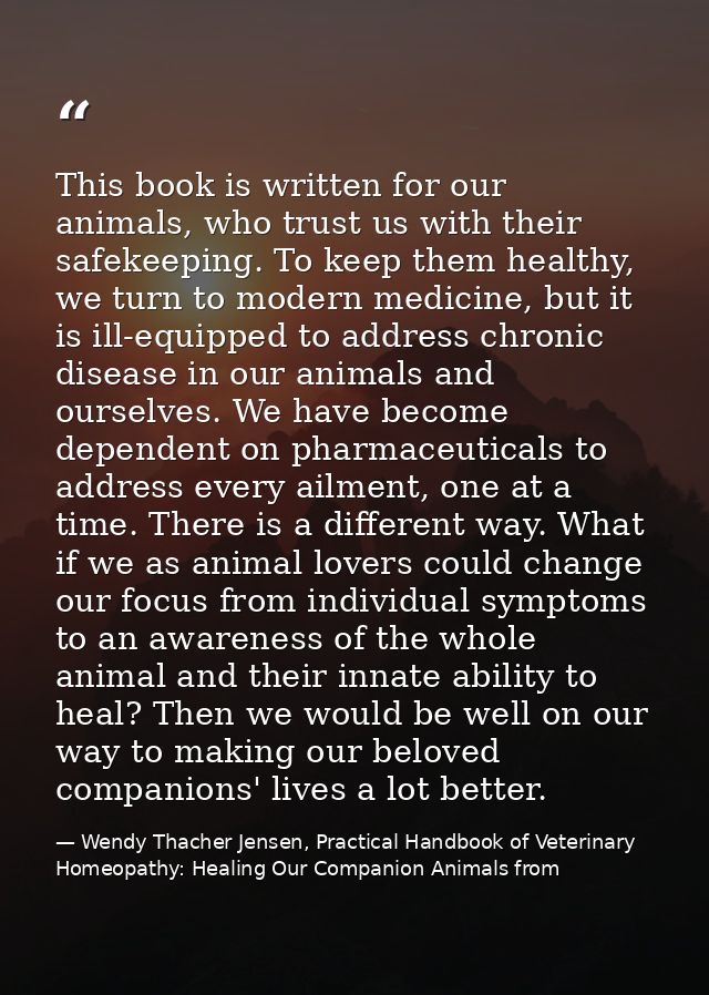 This book is written for our animals, who trust us with their safekeeping. To keep them healthy, we turn to modern medic — Wendy Thacher Jensen, Practical Handbook of Veterinary Homeopathy: Healing Our Companion Animals from