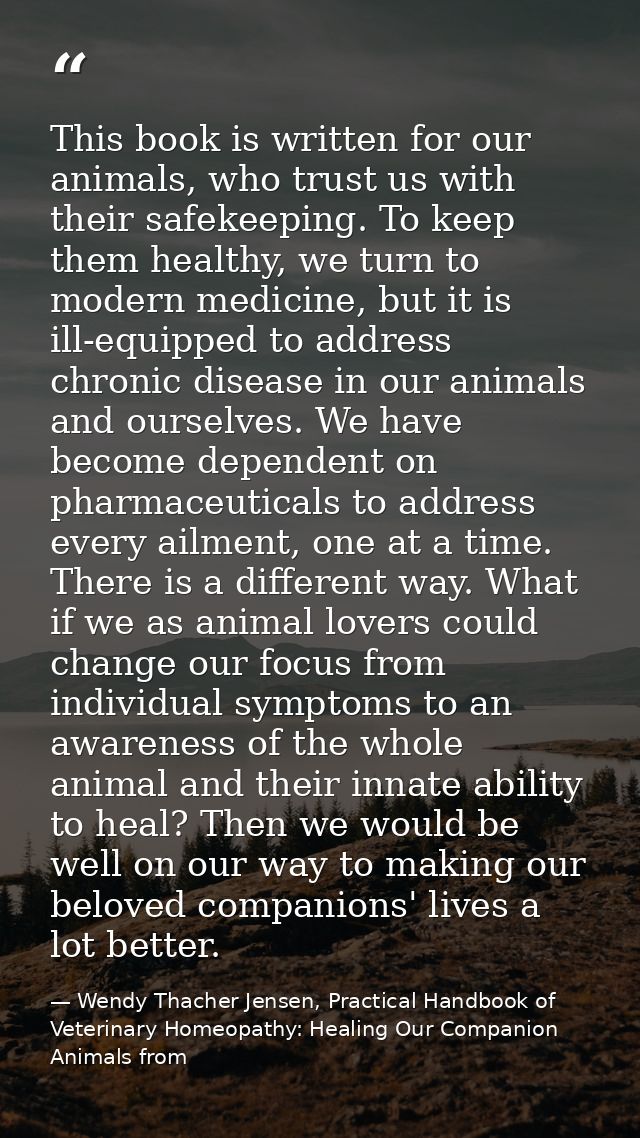 This book is written for our animals, who trust us with their safekeeping. To keep them healthy, we turn to modern medic — Wendy Thacher Jensen, Practical Handbook of Veterinary Homeopathy: Healing Our Companion Animals from