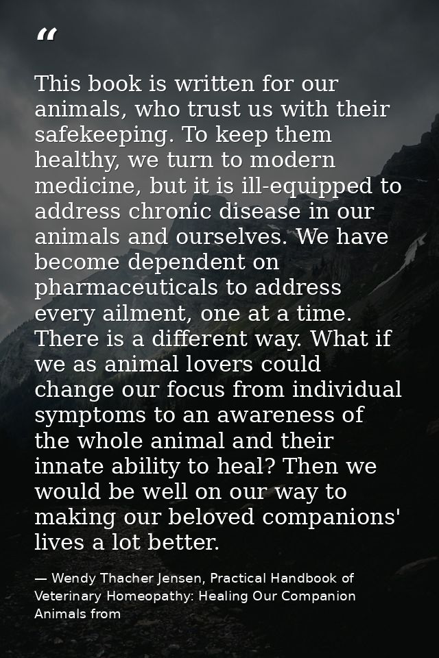 This book is written for our animals, who trust us with their safekeeping. To keep them healthy, we turn to modern medic — Wendy Thacher Jensen, Practical Handbook of Veterinary Homeopathy: Healing Our Companion Animals from