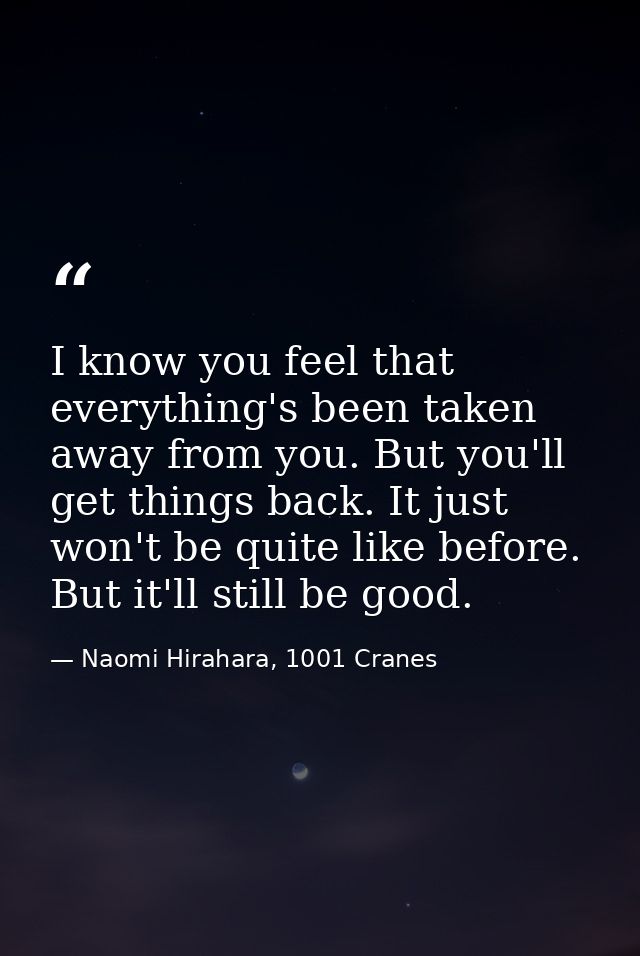 I know you feel that everything's been taken away from you. But you'll get things back. It just won't be quite like befo — Naomi Hirahara, 1001 Cranes