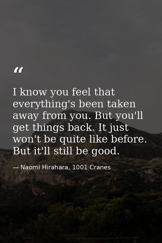 I know you feel that everything's been taken away from you. But you'll get things back. It just won't be quite like befo — Naomi Hirahara, 1001 Cranes
