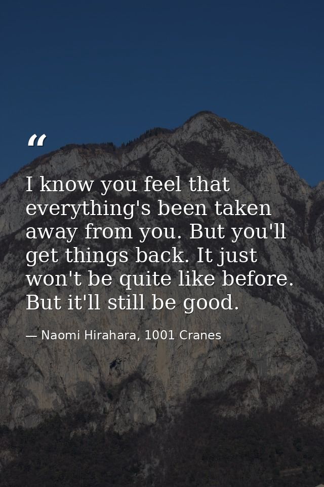 I know you feel that everything's been taken away from you. But you'll get things back. It just won't be quite like befo — Naomi Hirahara, 1001 Cranes