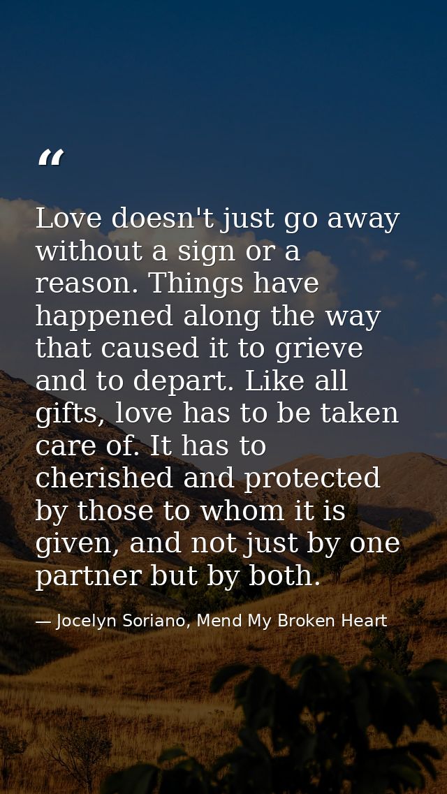 Love doesn't just go away without a sign or a reason. Things have happened along the way that caused it to grieve and to — Jocelyn Soriano, Mend My Broken Heart