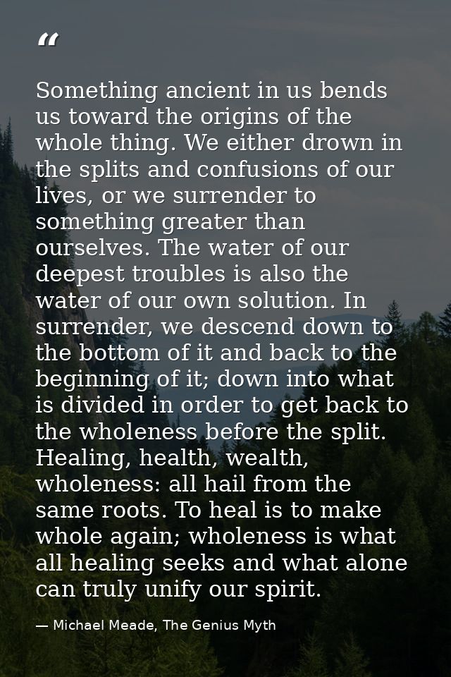 Something ancient in us bends us toward the origins of the whole thing. We either drown in the splits and confusions of  — Michael Meade, The Genius Myth
