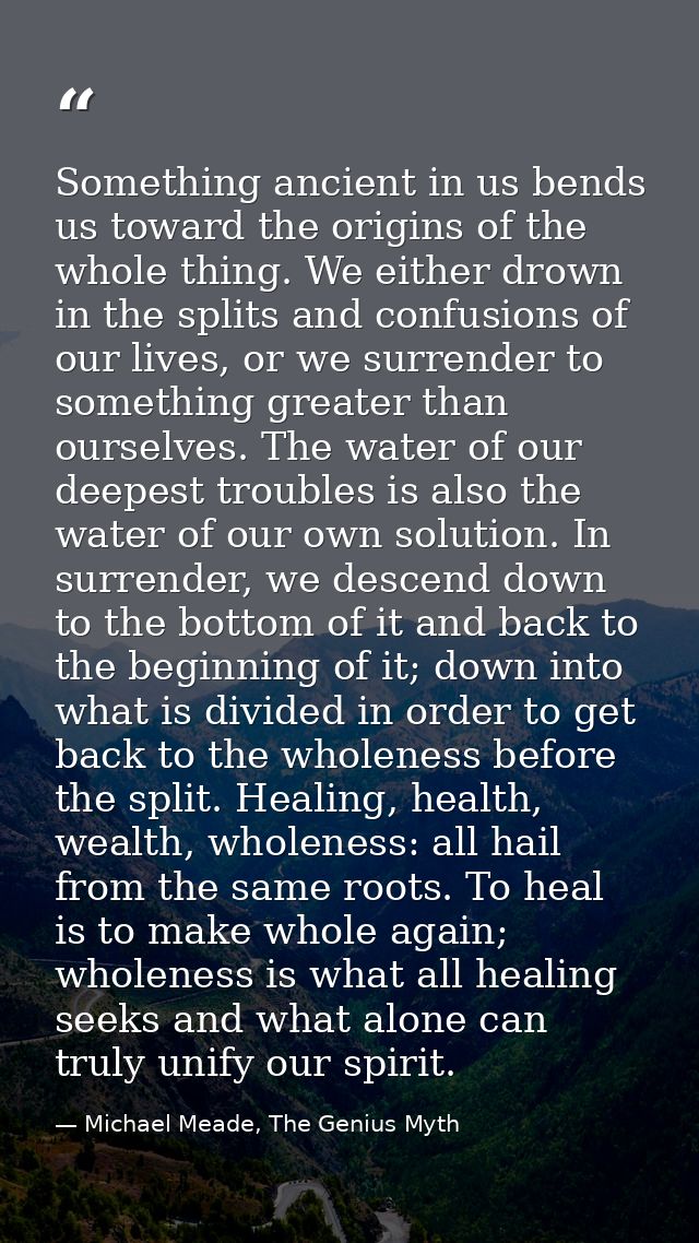 Something ancient in us bends us toward the origins of the whole thing. We either drown in the splits and confusions of  — Michael Meade, The Genius Myth