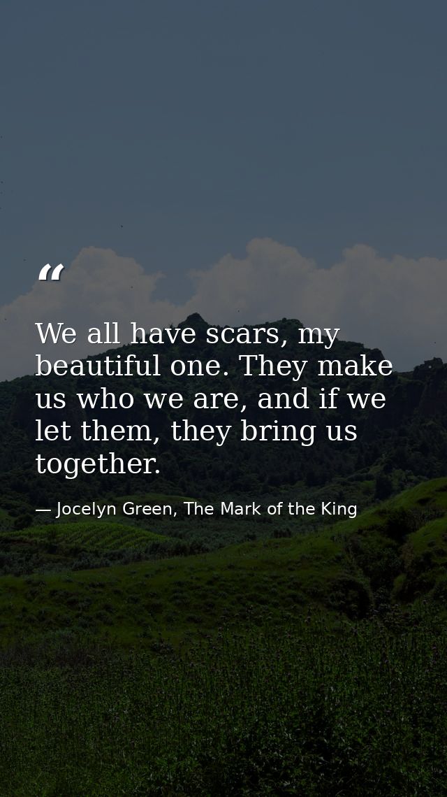 We all have scars, my beautiful one. They make us who we are, and if we let them, they bring us together. — Jocelyn Green, The Mark of the King