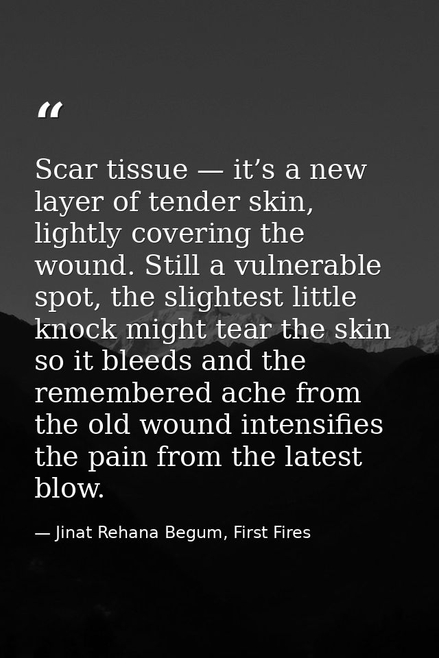 Scar tissue — it’s a new layer of tender skin, lightly covering the wound. Still a vulnerable spot, the slightest little — Jinat Rehana Begum, First Fires
