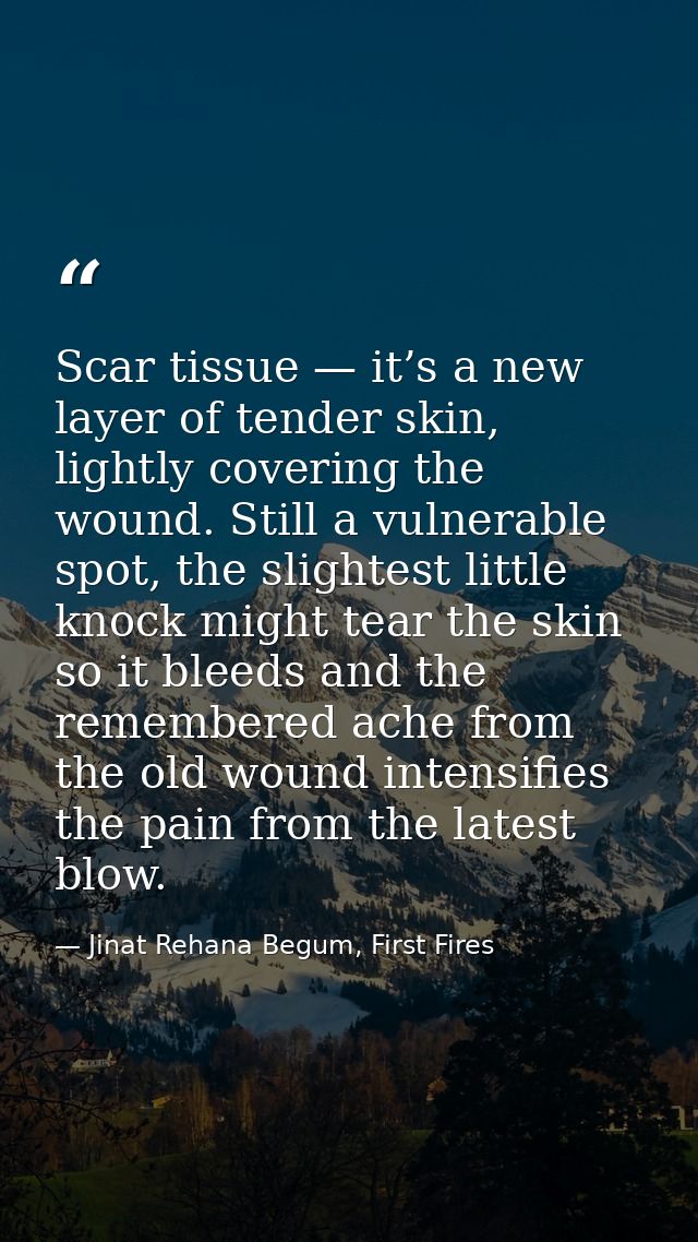Scar tissue — it’s a new layer of tender skin, lightly covering the wound. Still a vulnerable spot, the slightest little — Jinat Rehana Begum, First Fires