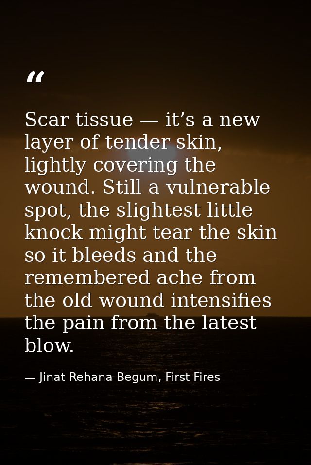 Scar tissue — it’s a new layer of tender skin, lightly covering the wound. Still a vulnerable spot, the slightest little — Jinat Rehana Begum, First Fires