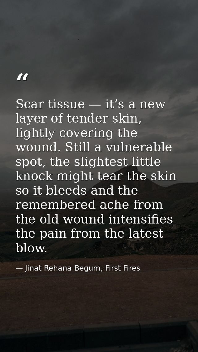 Scar tissue — it’s a new layer of tender skin, lightly covering the wound. Still a vulnerable spot, the slightest little — Jinat Rehana Begum, First Fires