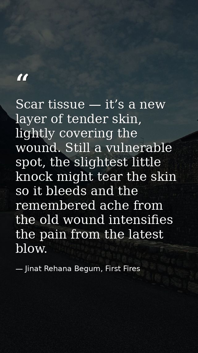 Scar tissue — it’s a new layer of tender skin, lightly covering the wound. Still a vulnerable spot, the slightest little — Jinat Rehana Begum, First Fires