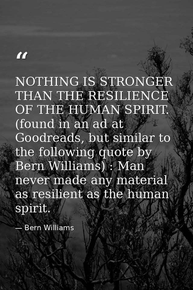 NOTHING IS STRONGER THAN THE RESILIENCE OF THE HUMAN SPIRIT. (found in an ad at Goodreads, but similar to the following  — Bern Williams