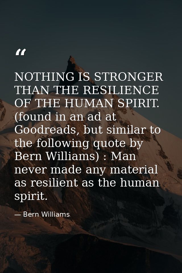 NOTHING IS STRONGER THAN THE RESILIENCE OF THE HUMAN SPIRIT. (found in an ad at Goodreads, but similar to the following  — Bern Williams
