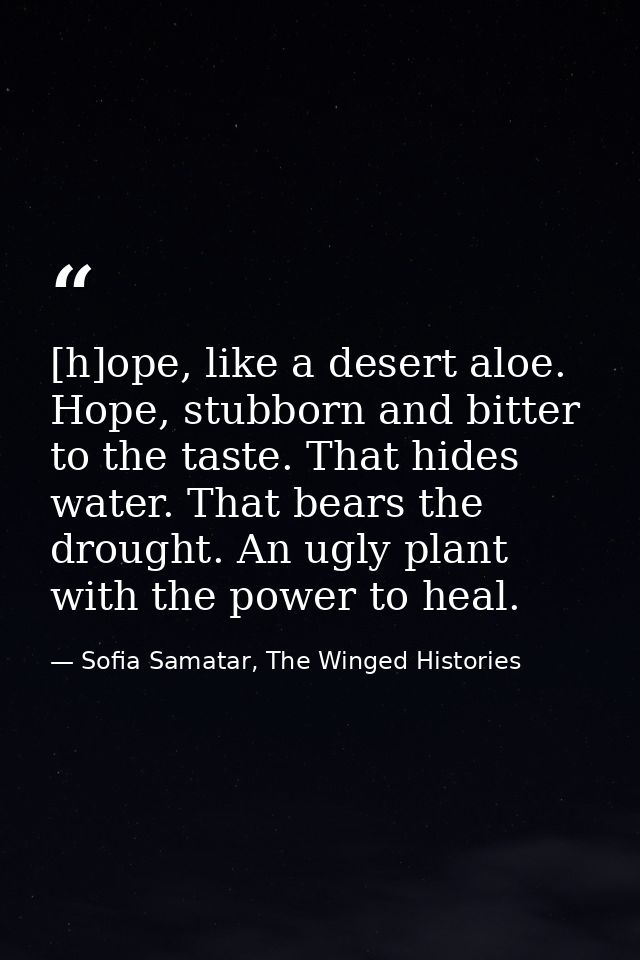 [h]ope, like a desert aloe. Hope, stubborn and bitter to the taste. That hides water. That bears the drought. An ugly pl — Sofia Samatar, The Winged Histories