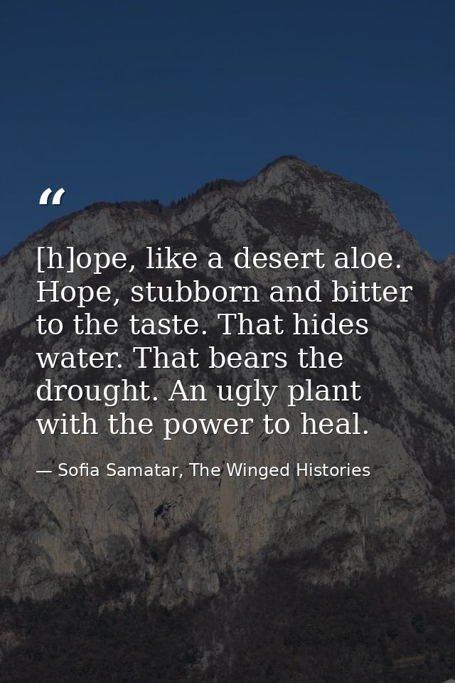 [h]ope, like a desert aloe. Hope, stubborn and bitter to the taste. That hides water. That bears the drought. An ugly pl — Sofia Samatar, The Winged Histories