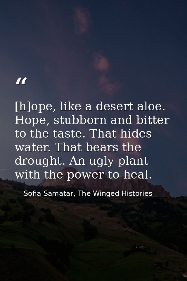 [h]ope, like a desert aloe. Hope, stubborn and bitter to the taste. That hides water. That bears the drought. An ugly pl — Sofia Samatar, The Winged Histories