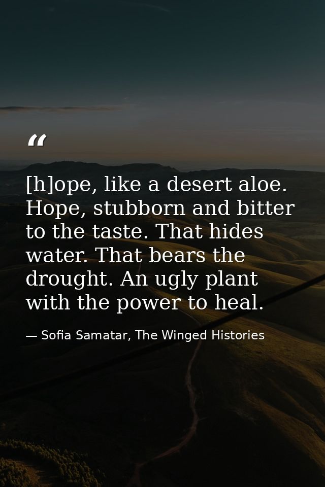 [h]ope, like a desert aloe. Hope, stubborn and bitter to the taste. That hides water. That bears the drought. An ugly pl — Sofia Samatar, The Winged Histories