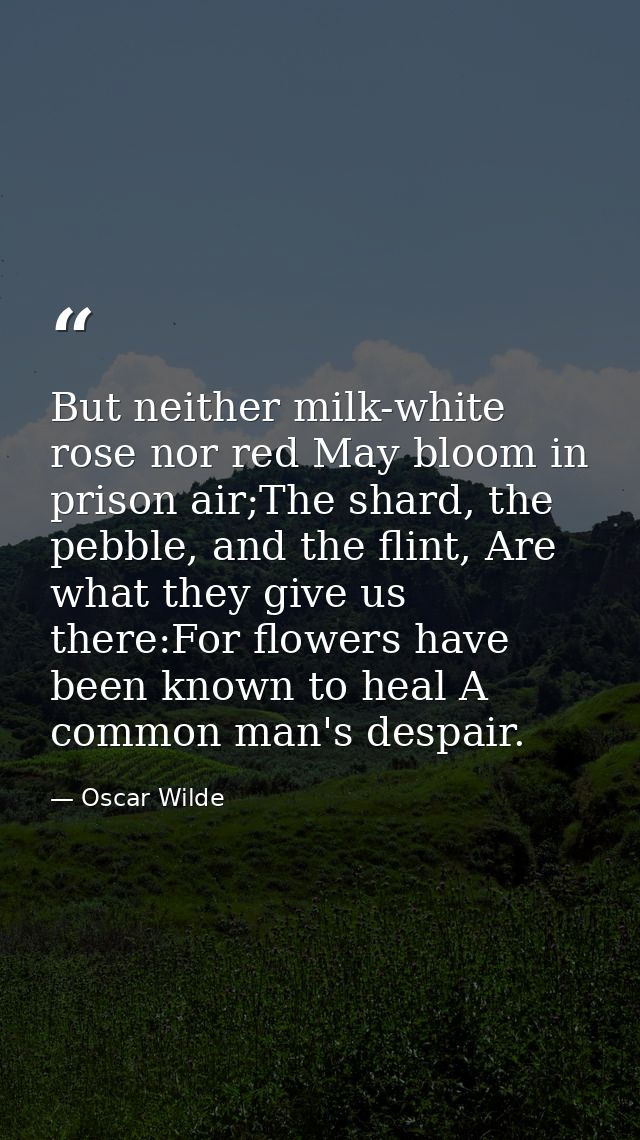 But neither milk-white rose nor red May bloom in prison air;The shard, the pebble, and the flint, Are what they give us  — Oscar Wilde