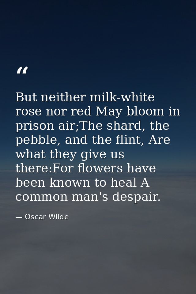 But neither milk-white rose nor red May bloom in prison air;The shard, the pebble, and the flint, Are what they give us  — Oscar Wilde