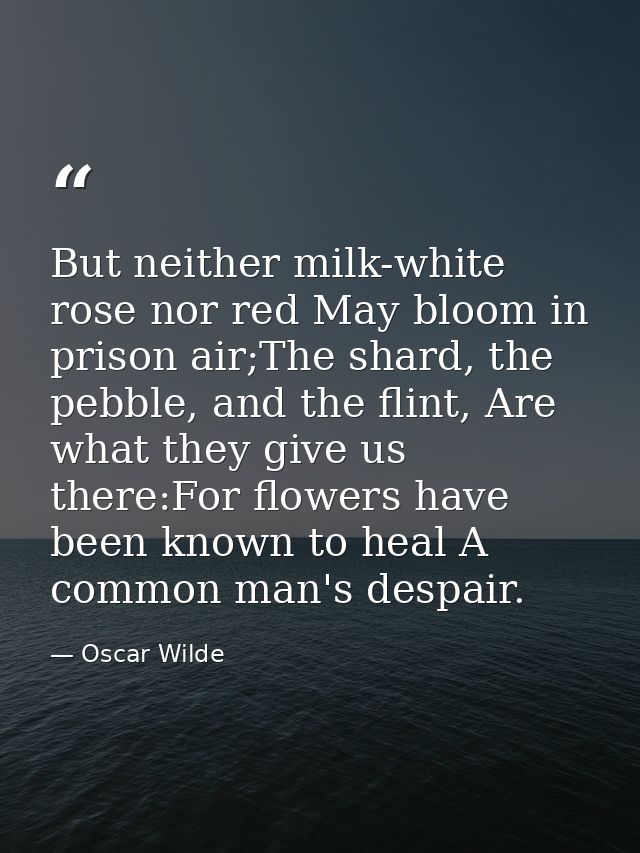 But neither milk-white rose nor red May bloom in prison air;The shard, the pebble, and the flint, Are what they give us  — Oscar Wilde
