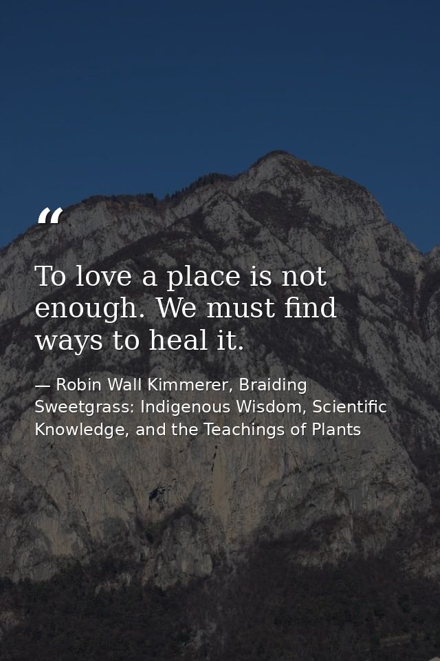 To love a place is not enough. We must find ways to heal it. — Robin Wall Kimmerer, Braiding Sweetgrass: Indigenous Wisdom, Scientific Knowledge, and the Teachings of Plants