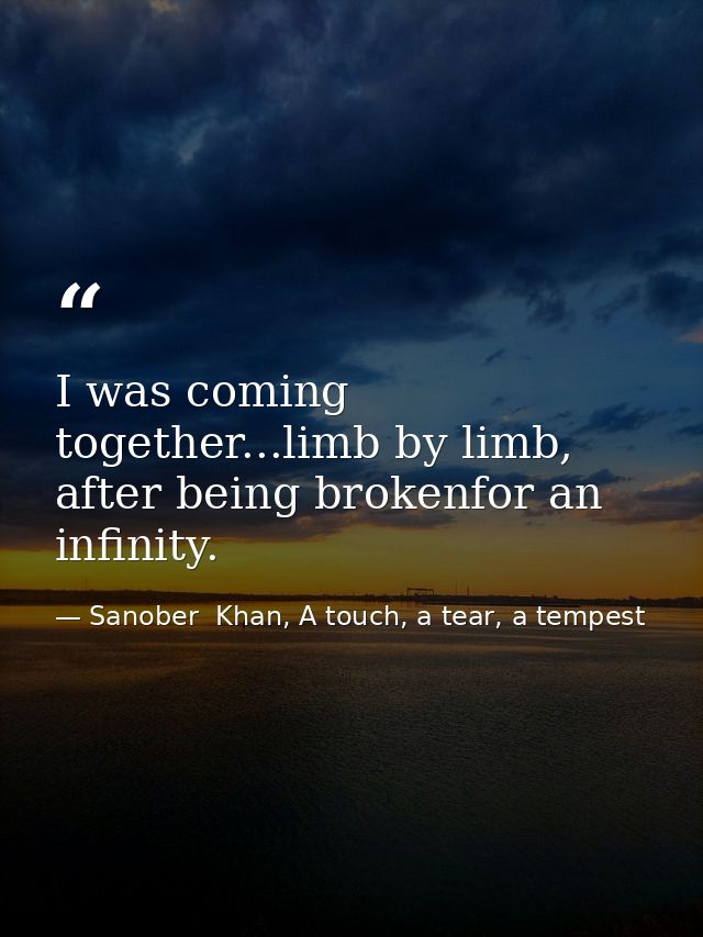 I was coming together...limb by limb, after being brokenfor an infinity. — Sanober  Khan, A touch, a tear, a tempest