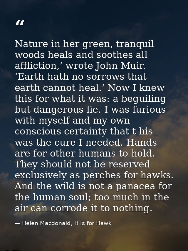 Nature in her green, tranquil woods heals and soothes all affliction,’ wrote John Muir. ‘Earth hath no sorrows that eart — Helen Macdonald, H is for Hawk