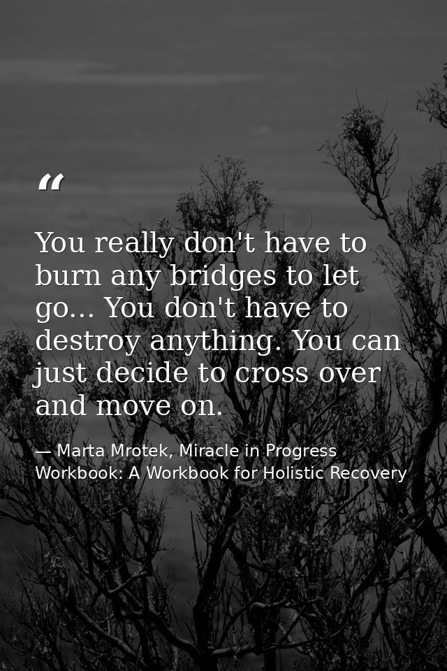 You really don't have to burn any bridges to let go... You don't have to destroy anything. You can just decide to cross  — Marta Mrotek, Miracle in Progress Workbook: A Workbook for Holistic Recovery