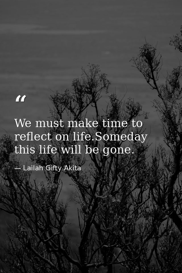 We must make time to reflect on life.Someday this life will be gone. — Lailah Gifty Akita