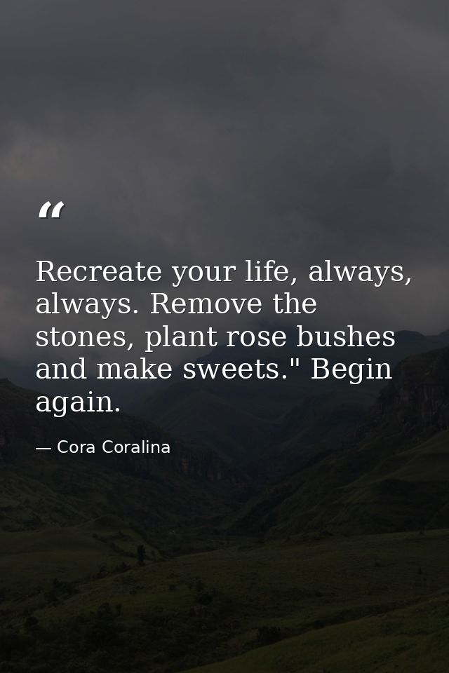 Recreate your life, always, always. Remove the stones, plant rose bushes and make sweets." Begin again. — Cora Coralina