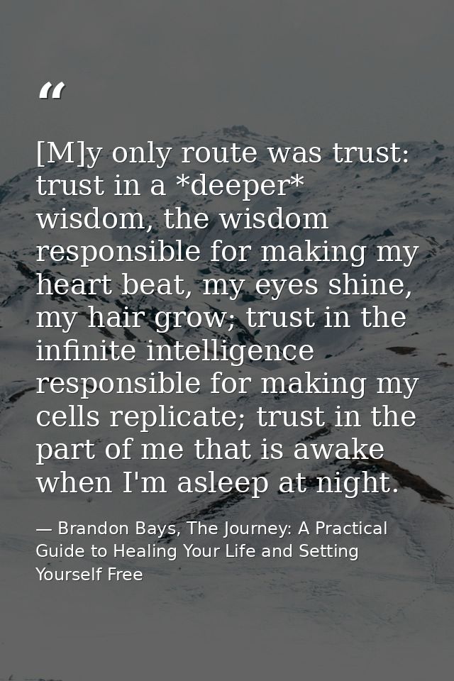 [M]y only route was trust: trust in a *deeper* wisdom, the wisdom responsible for making my heart beat, my eyes shine, m — Brandon Bays, The Journey: A Practical Guide to Healing Your Life and Setting Yourself Free