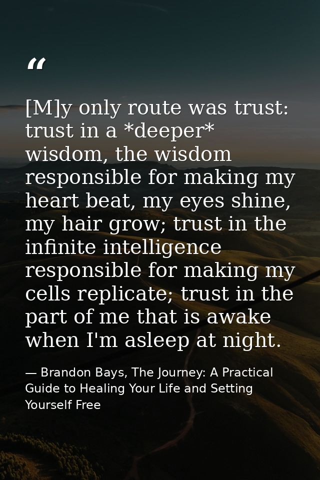 [M]y only route was trust: trust in a *deeper* wisdom, the wisdom responsible for making my heart beat, my eyes shine, m — Brandon Bays, The Journey: A Practical Guide to Healing Your Life and Setting Yourself Free