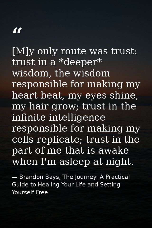 [M]y only route was trust: trust in a *deeper* wisdom, the wisdom responsible for making my heart beat, my eyes shine, m — Brandon Bays, The Journey: A Practical Guide to Healing Your Life and Setting Yourself Free
