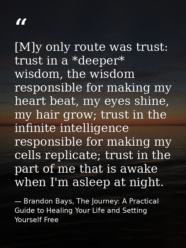 [M]y only route was trust: trust in a *deeper* wisdom, the wisdom responsible for making my heart beat, my eyes shine, m — Brandon Bays, The Journey: A Practical Guide to Healing Your Life and Setting Yourself Free