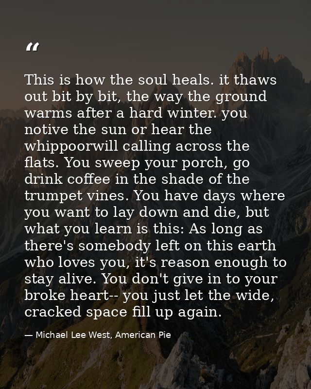 This is how the soul heals. it thaws out bit by bit, the way the ground warms after a hard winter. you notive the sun or — Michael Lee West, American Pie