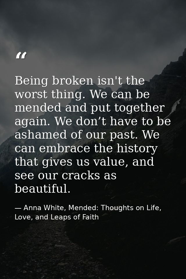 Being broken isn't the worst thing. We can be mended and put together again. We don’t have to be ashamed of our past. We — Anna White, Mended: Thoughts on Life, Love, and Leaps of Faith