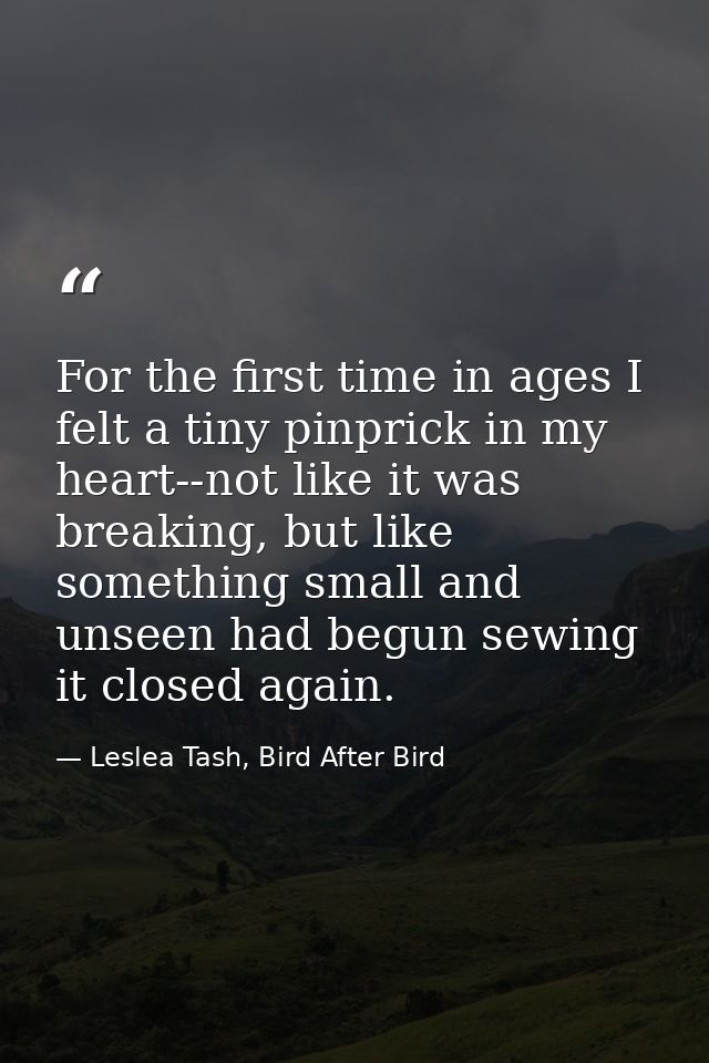 For the first time in ages I felt a tiny pinprick in my heart--not like it was breaking, but like something small and un — Leslea Tash, Bird After Bird