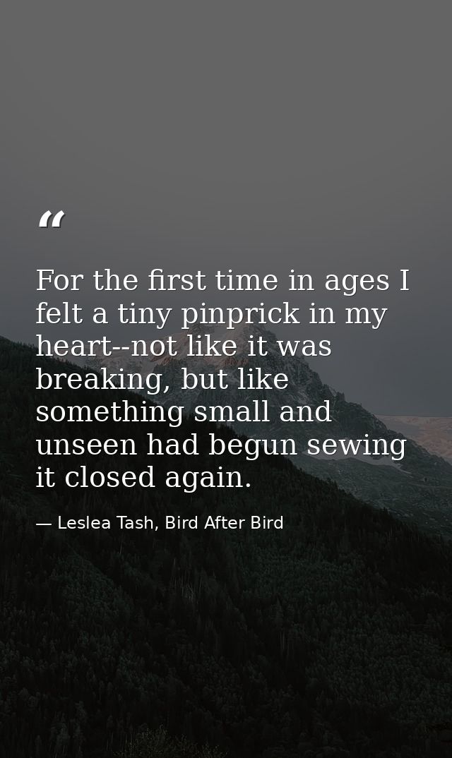For the first time in ages I felt a tiny pinprick in my heart--not like it was breaking, but like something small and un — Leslea Tash, Bird After Bird