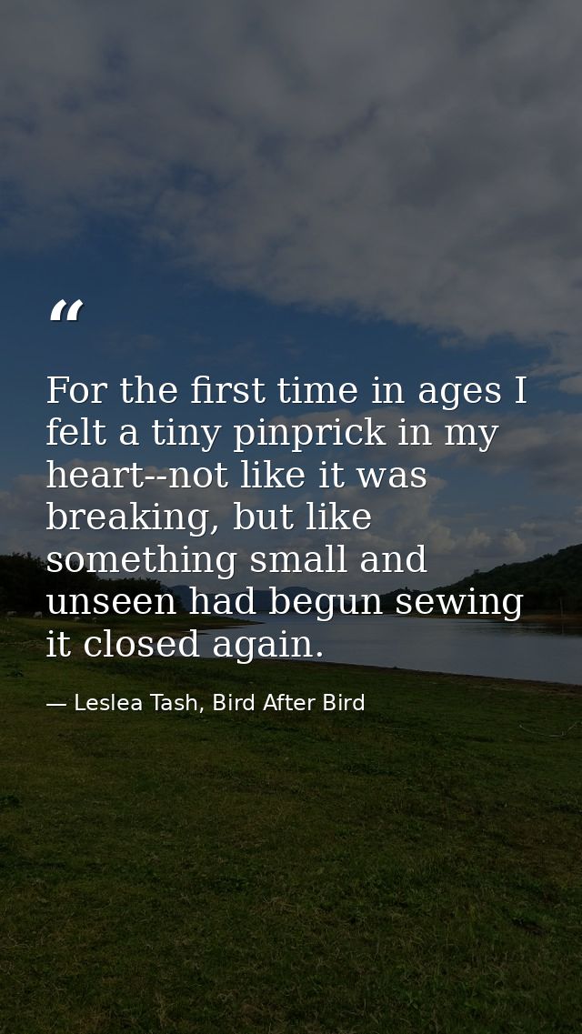 For the first time in ages I felt a tiny pinprick in my heart--not like it was breaking, but like something small and un — Leslea Tash, Bird After Bird