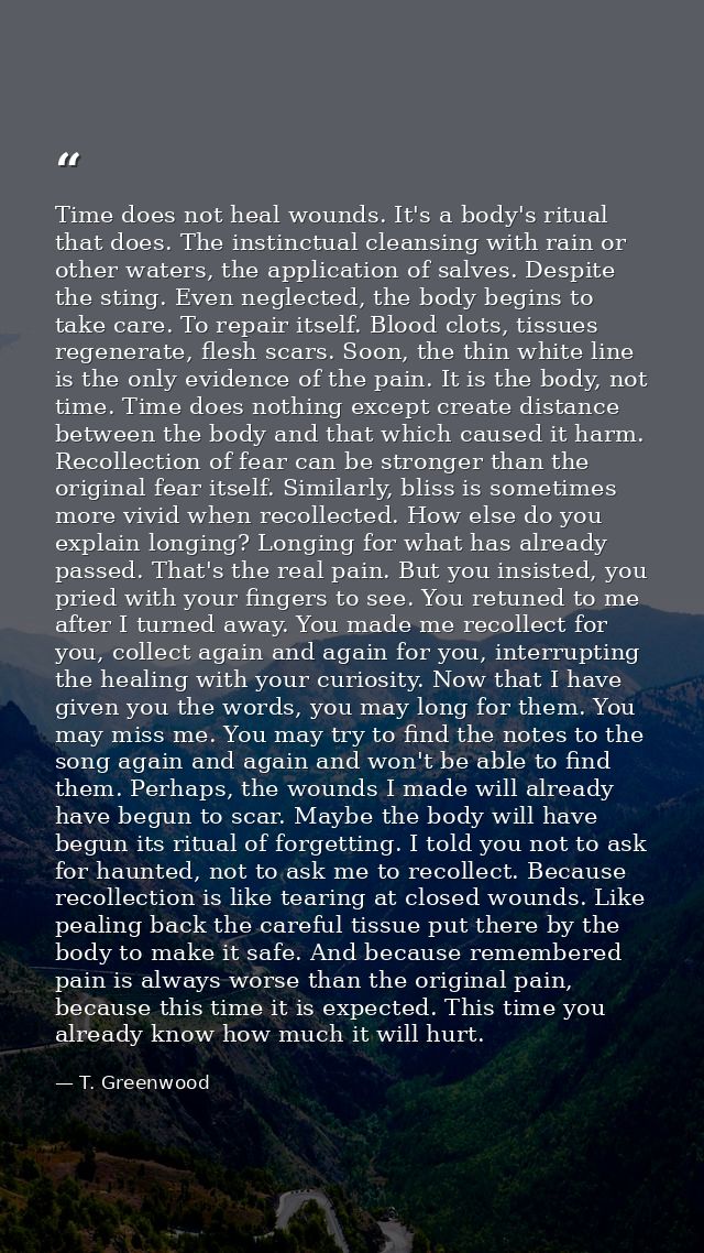 Time does not heal wounds. It's a body's ritual that does. The instinctual cleansing with rain or other waters, the appl — T. Greenwood