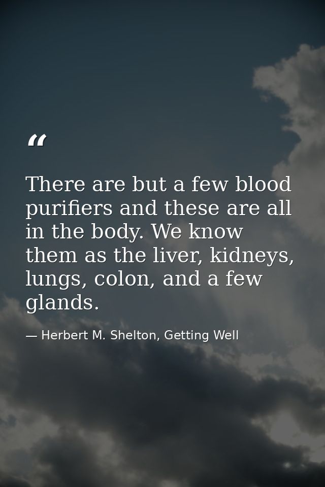 There are but a few blood purifiers and these are all in the body. We know them as the liver, kidneys, lungs, colon, and — Herbert M. Shelton, Getting Well