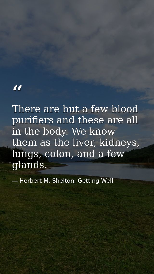 There are but a few blood purifiers and these are all in the body. We know them as the liver, kidneys, lungs, colon, and — Herbert M. Shelton, Getting Well