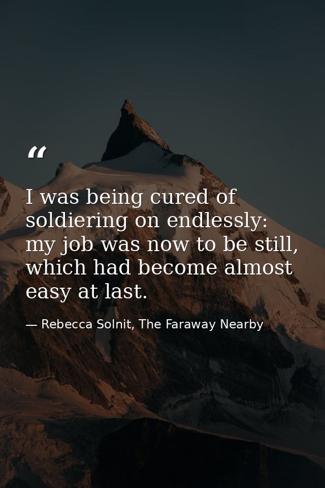 I was being cured of soldiering on endlessly: my job was now to be still, which had become almost easy at last. — Rebecca Solnit, The Faraway Nearby