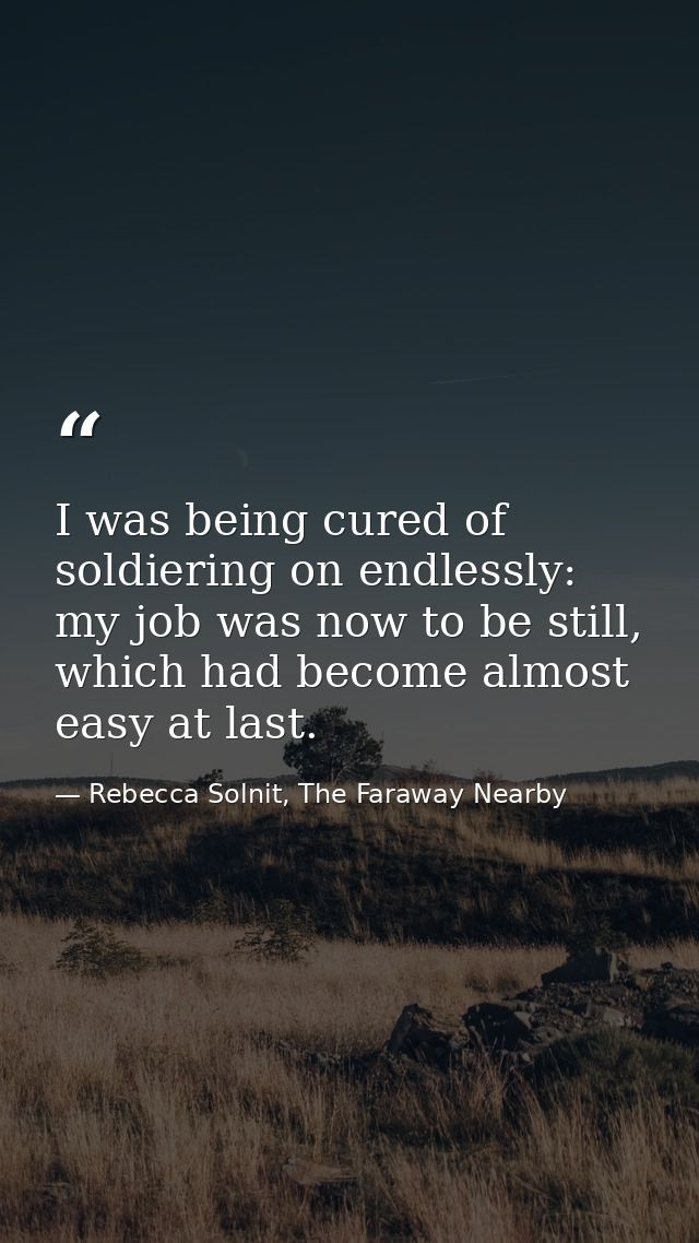 I was being cured of soldiering on endlessly: my job was now to be still, which had become almost easy at last. — Rebecca Solnit, The Faraway Nearby