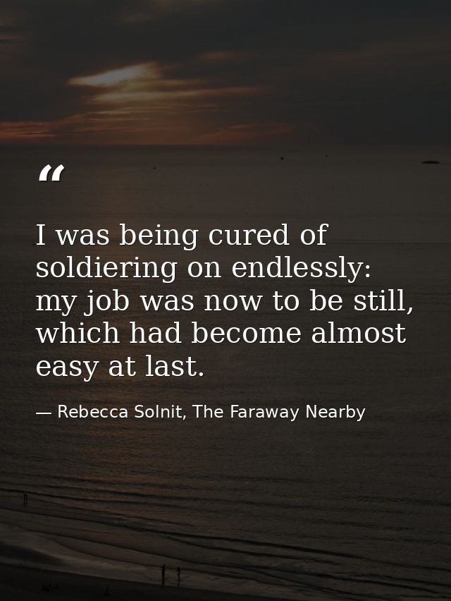 I was being cured of soldiering on endlessly: my job was now to be still, which had become almost easy at last. — Rebecca Solnit, The Faraway Nearby
