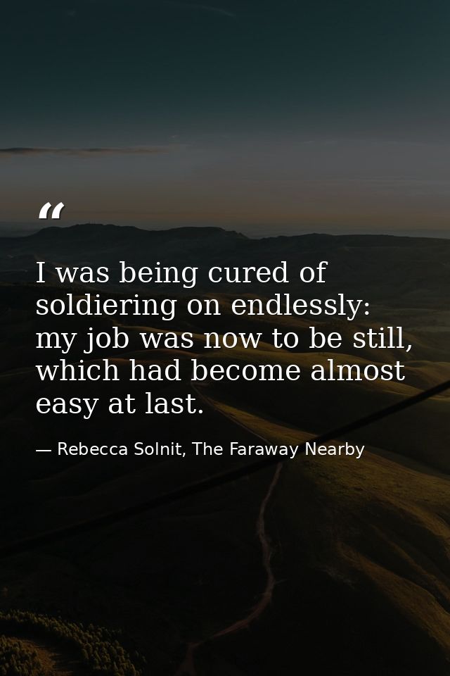 I was being cured of soldiering on endlessly: my job was now to be still, which had become almost easy at last. — Rebecca Solnit, The Faraway Nearby