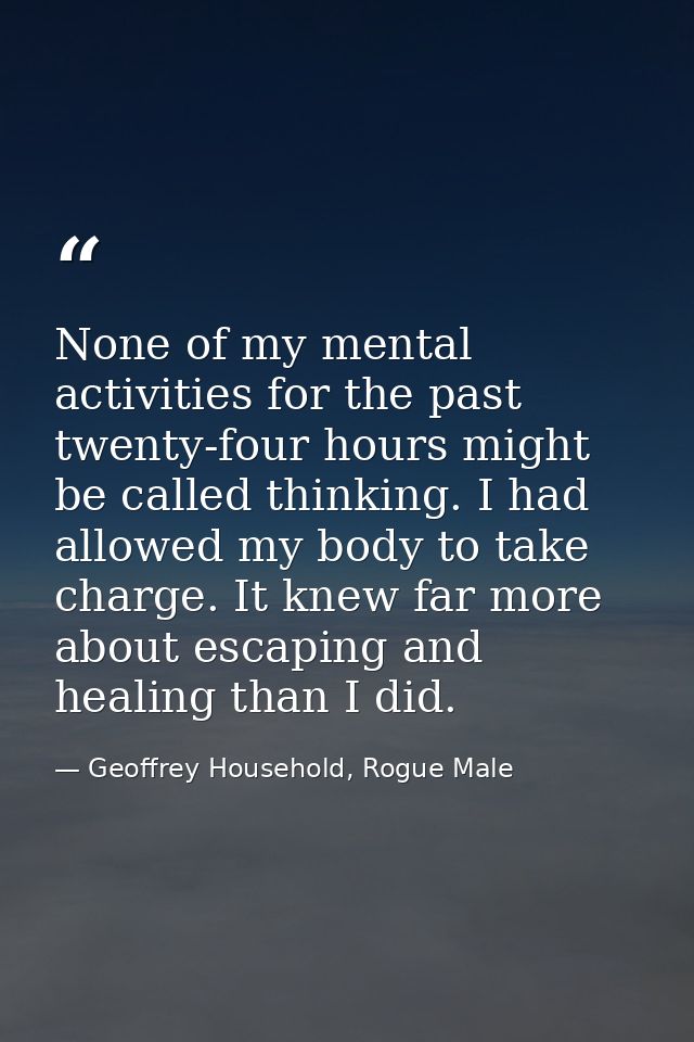 None of my mental activities for the past twenty-four hours might be called thinking. I had allowed my body to take char — Geoffrey Household, Rogue Male